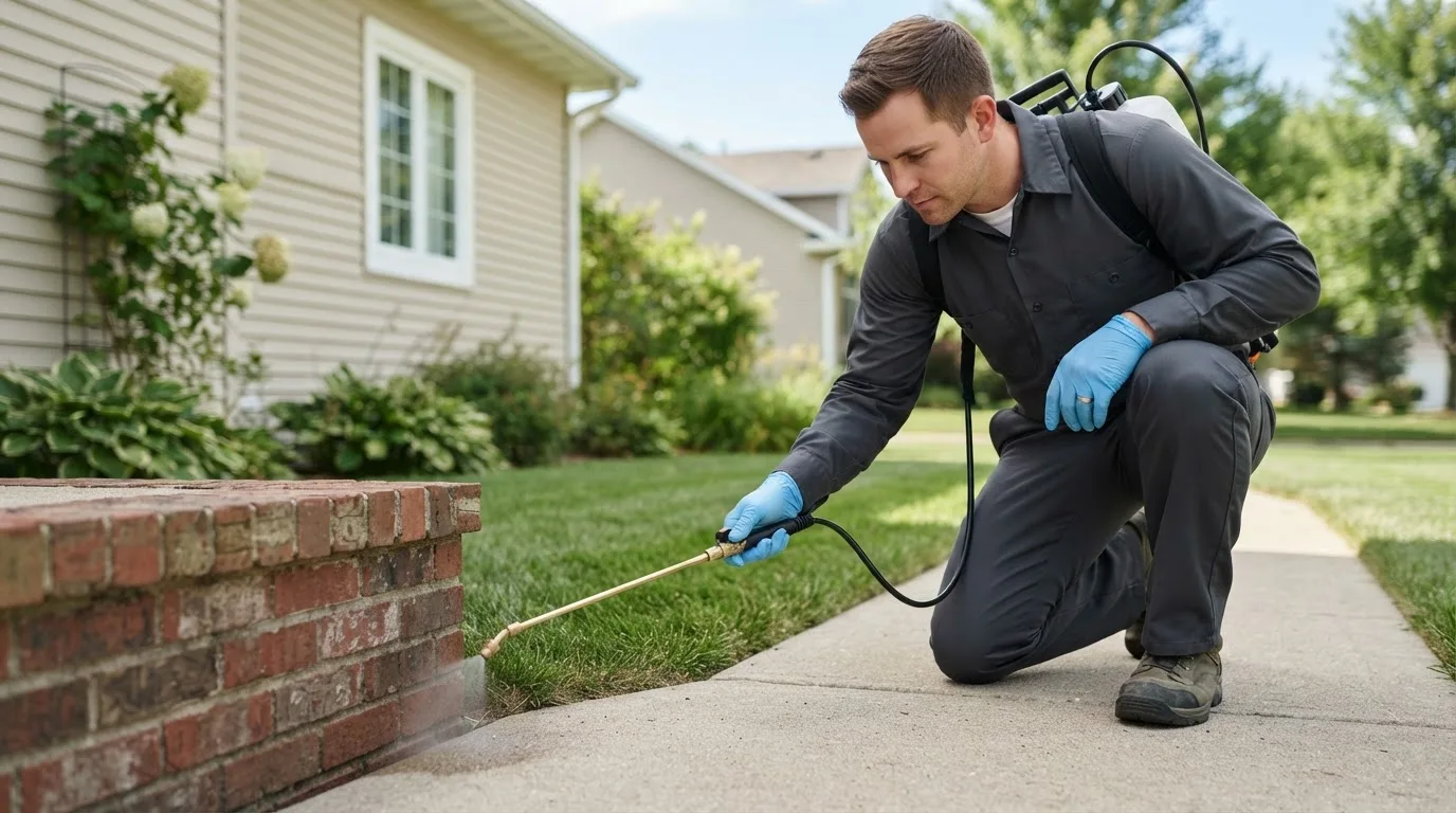 Pest control technician treating a home near Granville, ND