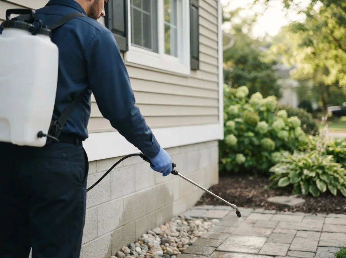 Pest control technician inspecting a home in Granville, ND